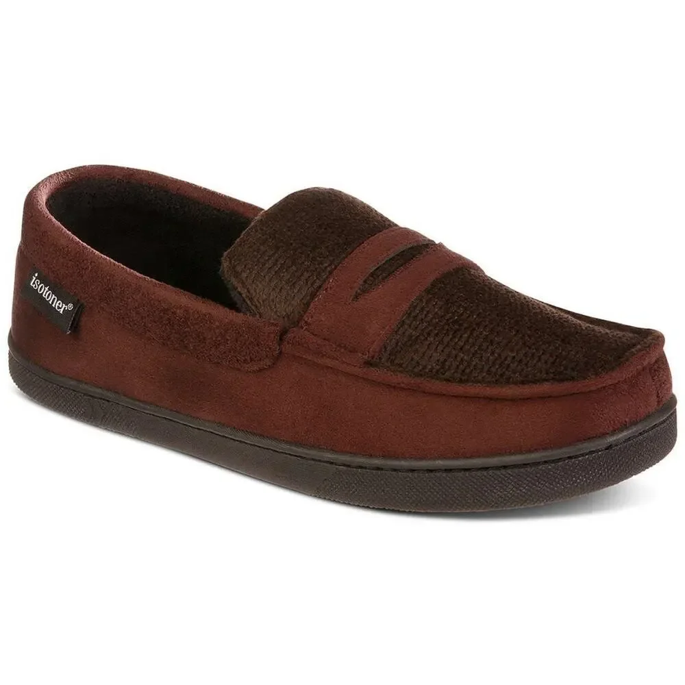 Isotoner Mens Moccasin Slippers Sz Medium 8-9 Brown Faux Suede Memory Foam NEW